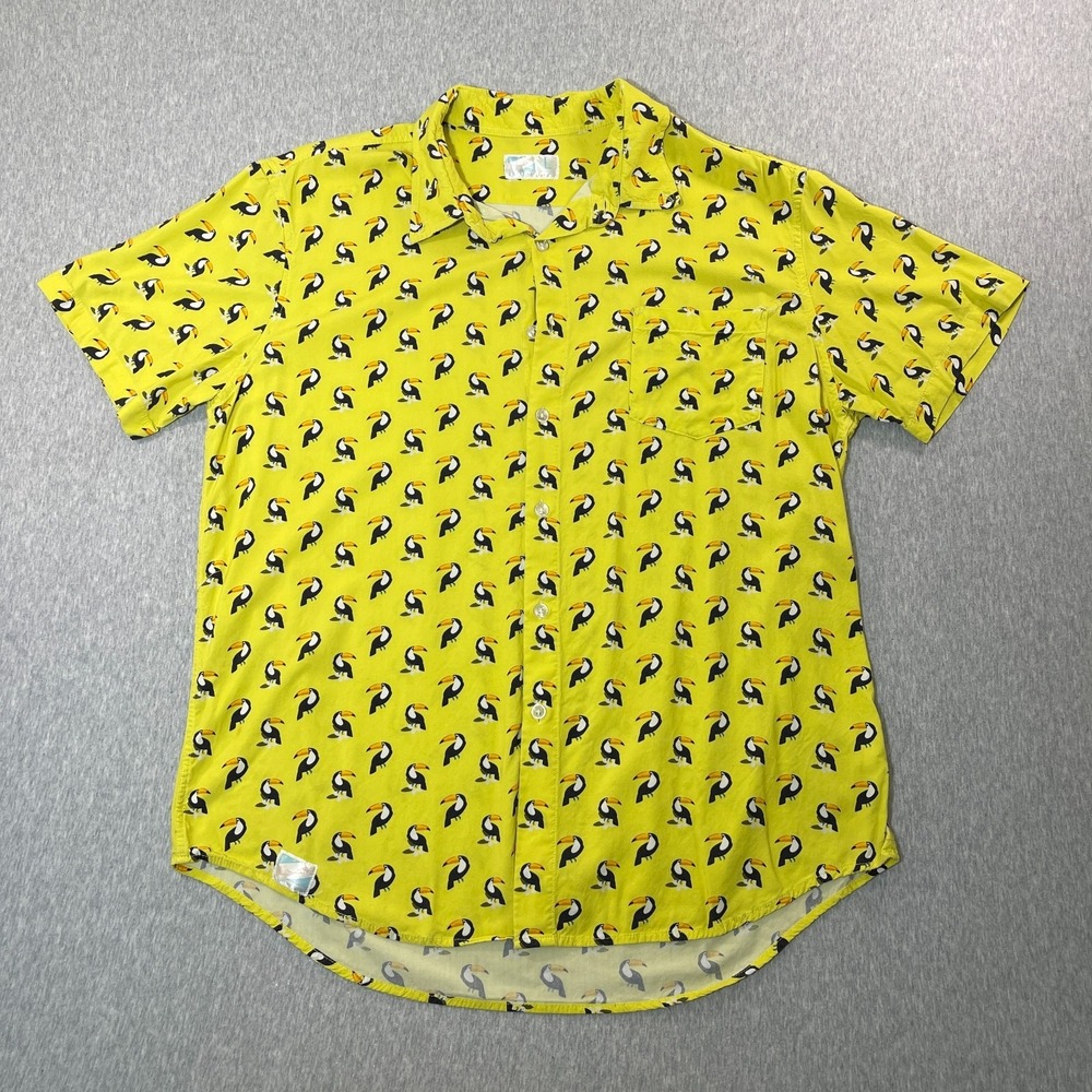 Bermies Toucan Hawaiian Shirt Mens L Large Yellow All Over Print Beach Button Up